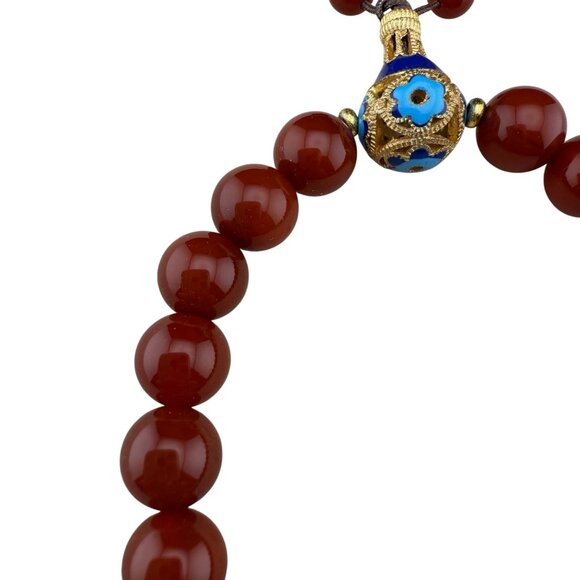 Red Agate Beaded Bracelet With Cloisonné Enamel & Adjustable Knot Closure - Picture 3 of 6